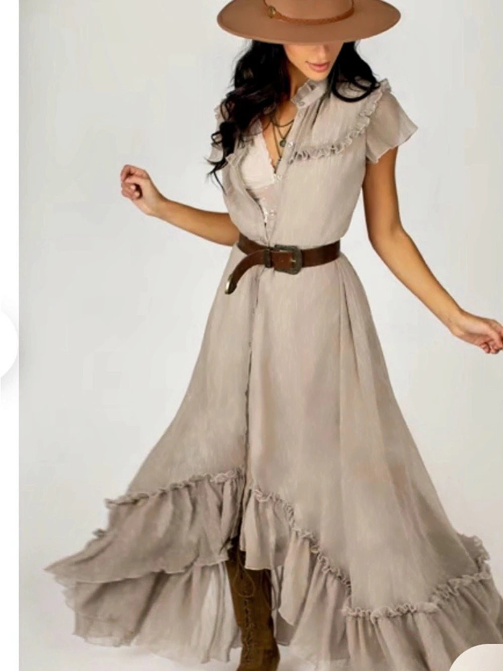 Mia Joy Ruffle Maxi Dress in Taupe Size Small NWT